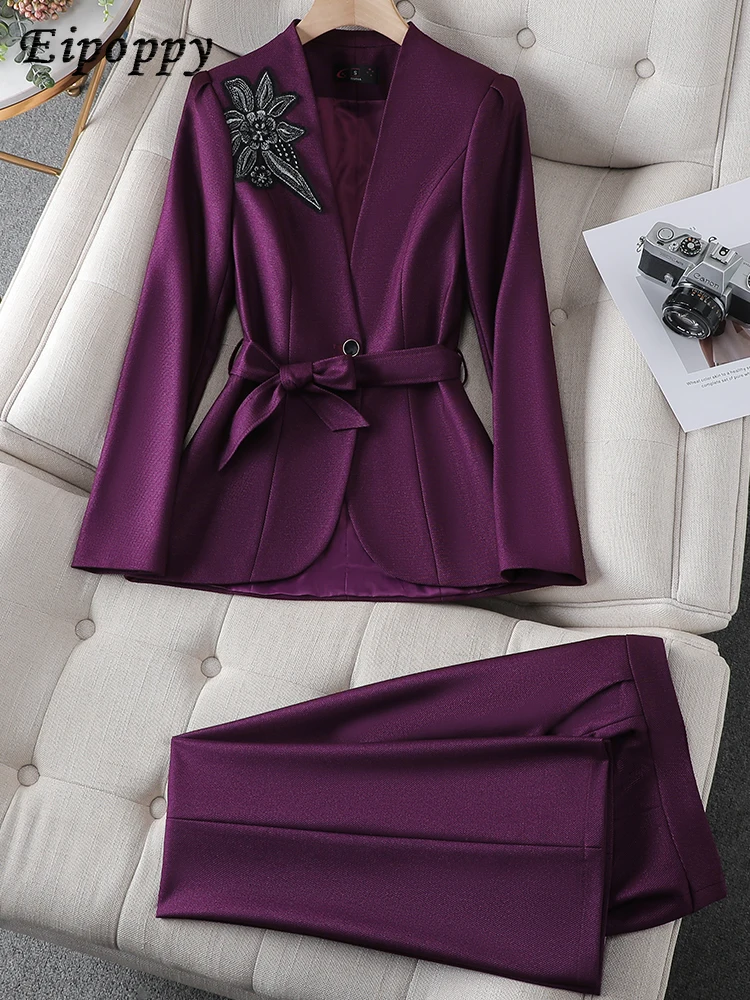 

Elegant Women Winter Pant Suit Office Ladies Business Work Formal 2 Piece Set Purple Black Green Female Blazer And Trouser