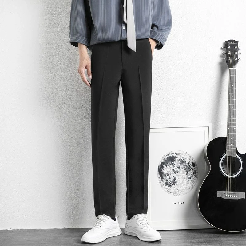 Men's Korean Slim Straight Dress Pants Drape Cropped HK Style Tapered Trousers