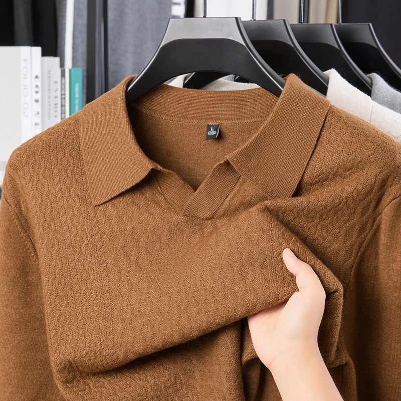 

High end trend knitted men lapel sweater autumn new comfort casual personality solid color jacquard buttonless V-neck polo shirt