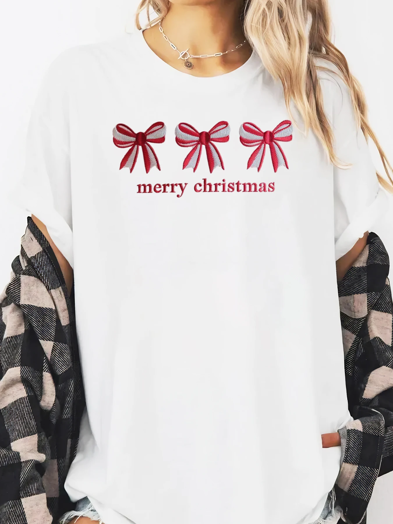 레드 보우 메리 크리스마스 프린트 티셔츠 홀리데이 여성 캐주얼 웨어 화이트 플러스 사이즈