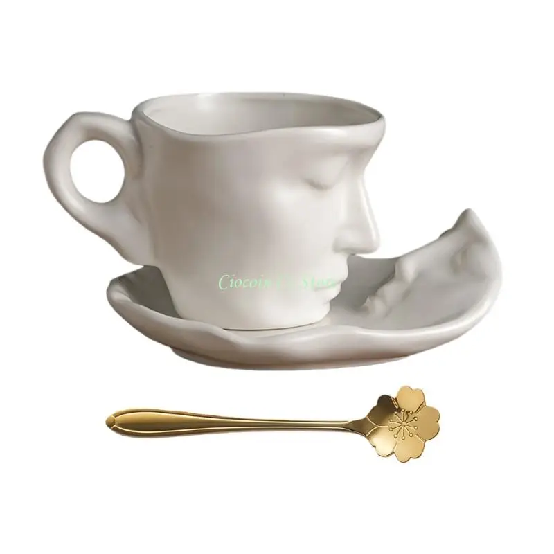 X90F Ceramic Kiss Couple Mug Drink Cup with Saucer and Spoon Set Valentine Present