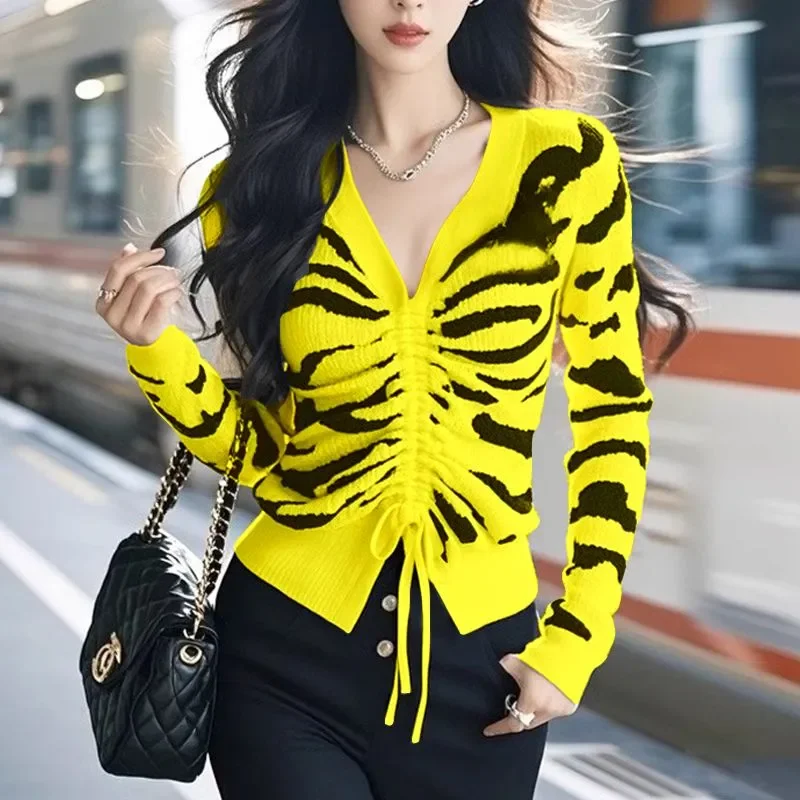 Striped V-neck Sweater Ladies Autumn Winter 2025 New Temperament Drawstring Long Sleeve Sweater Women Fashion Pleated Top Tee