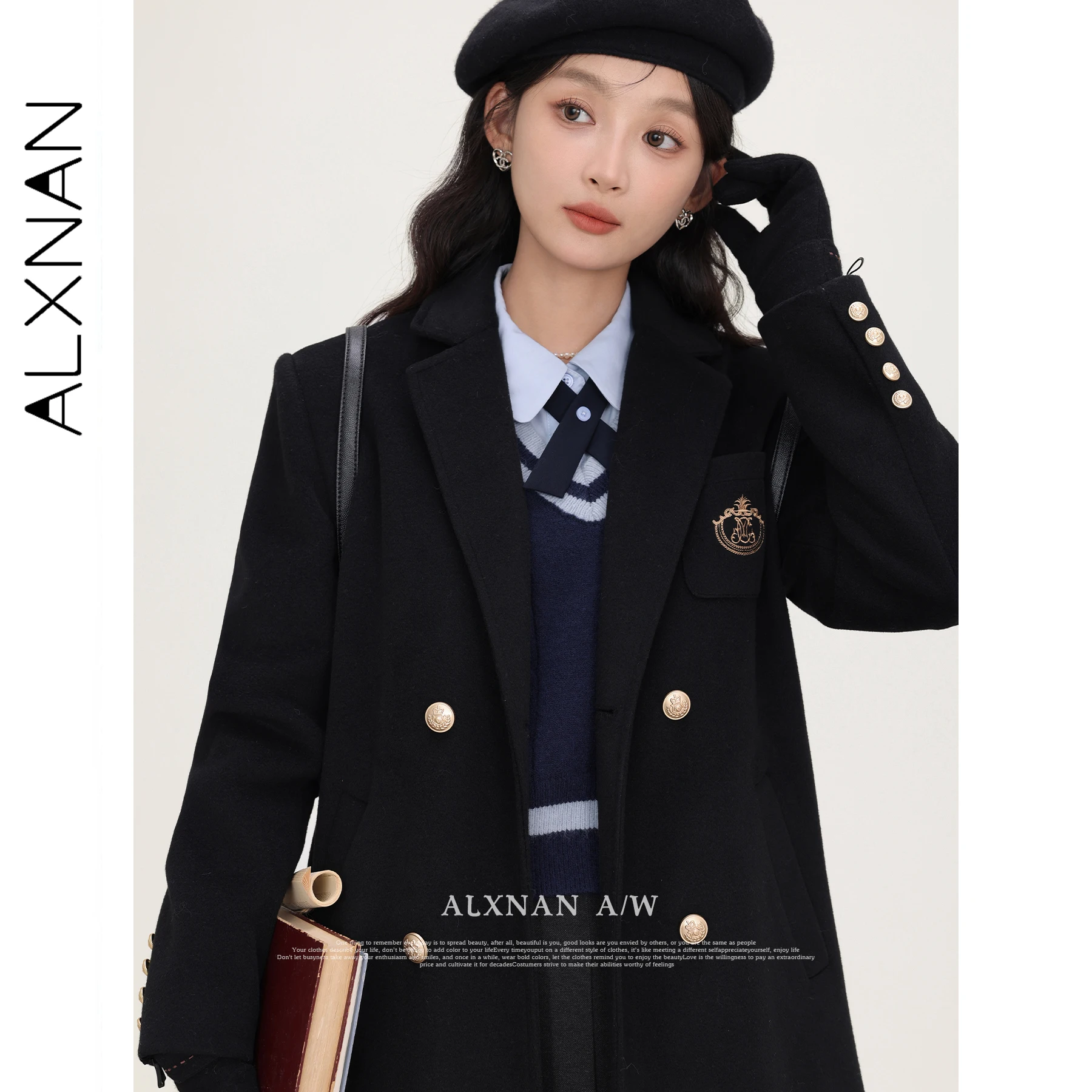 ALXNAN Women's Coats 2025 Autumn Winter Black Single-faced Woolen Overcoat Elegant Long Thickened Office Lady Clothes LXN31906