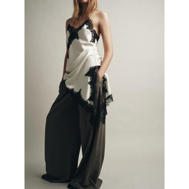 女性用シルクサテンエクストラロングキャミソール、レースアシンメトリーハイロートリムトップス、Y2Kシルキーサイドスリットレイヤリングスリップドレス