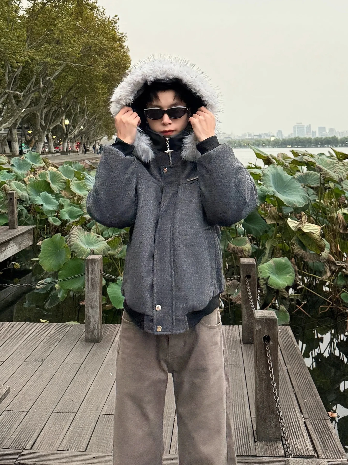 

Ay Зимнее пальто с большим меховым воротником для пар, молодежное пальто из полиэфирного волокна, длинная застежка-молния, цвет