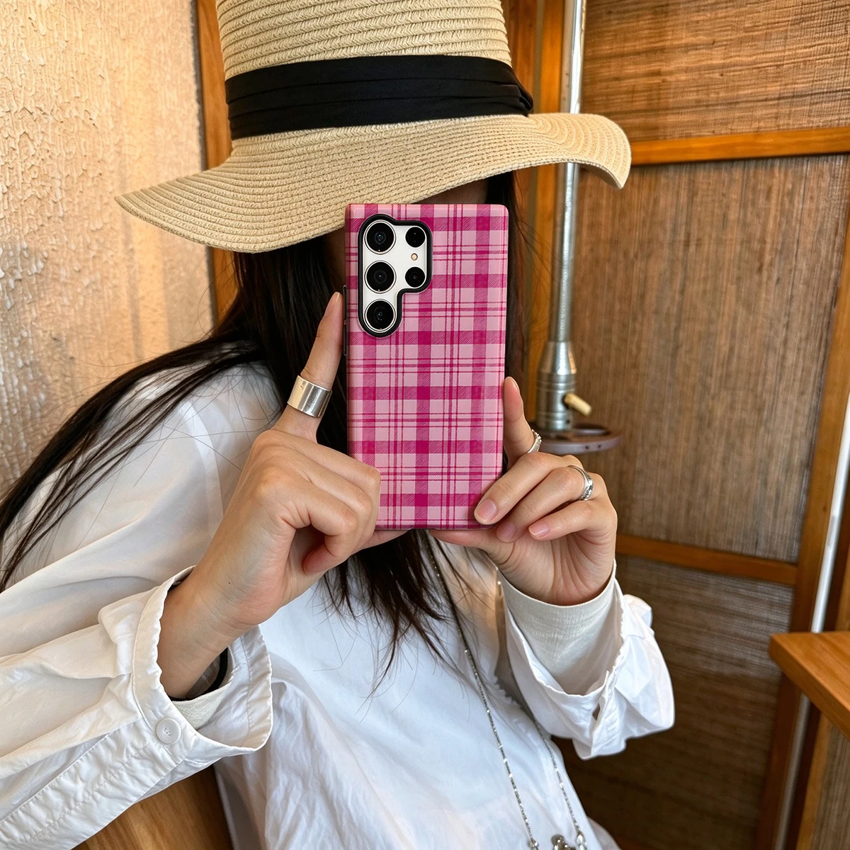 Pink Tartan Plaid Shades Hard Shock-Absorption Phone Case For Samsung Galaxy S26 S25 Ultra S24 S23 Plus 2-in-1 Protective Cover