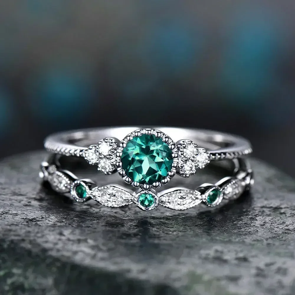 2pcs Luxury Green Blue Stone Crystal Rings for Women Sliver Color Zirconia Wedding Engagement Ring