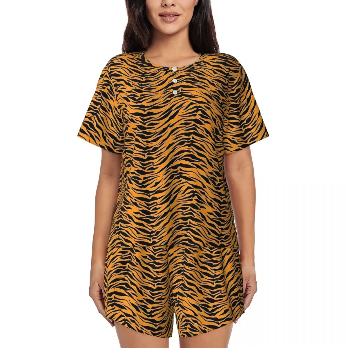 

Tiger Skin Pajamas Short Sleeve Animal Print 2 Piece Sleep Pajamas Set Summer Woman O Neck Vintage Nightwear