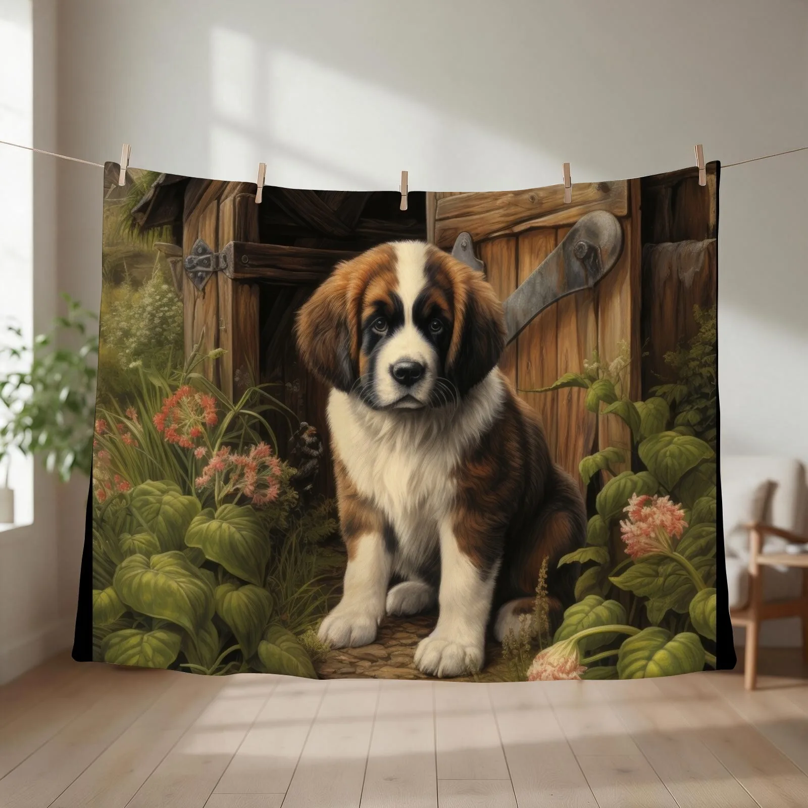 cute Saint Bernard puppy dog in garden with flowers Throw Blanket funny gift Hair Bed covers Furrys Blankets