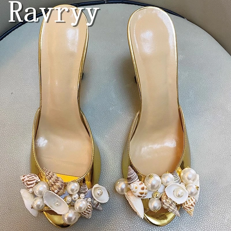 Luxury Golden Flamingo High Heel Slippers Women New Peep Toe Pearl Shell Decor Sandals Wedding Party Dress Shoes