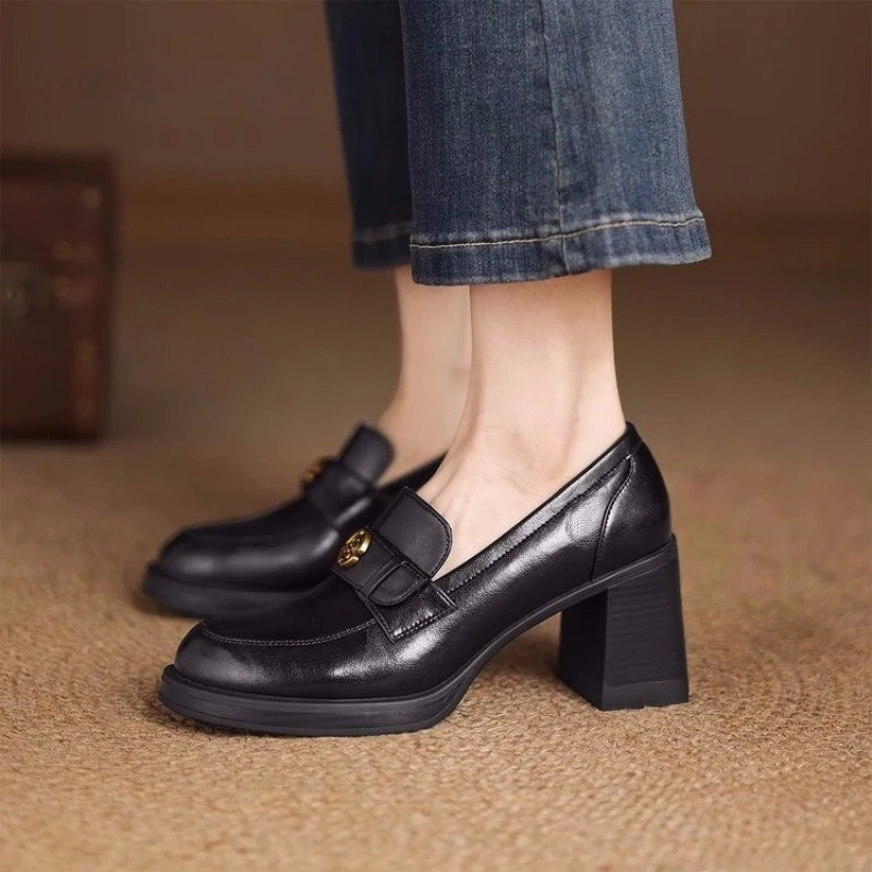

Sheepskin Version High Heel Loafers Women's Black Leather Tea Flower Embossed Shoes Autumn Winter Spring Casual Rubber Sole