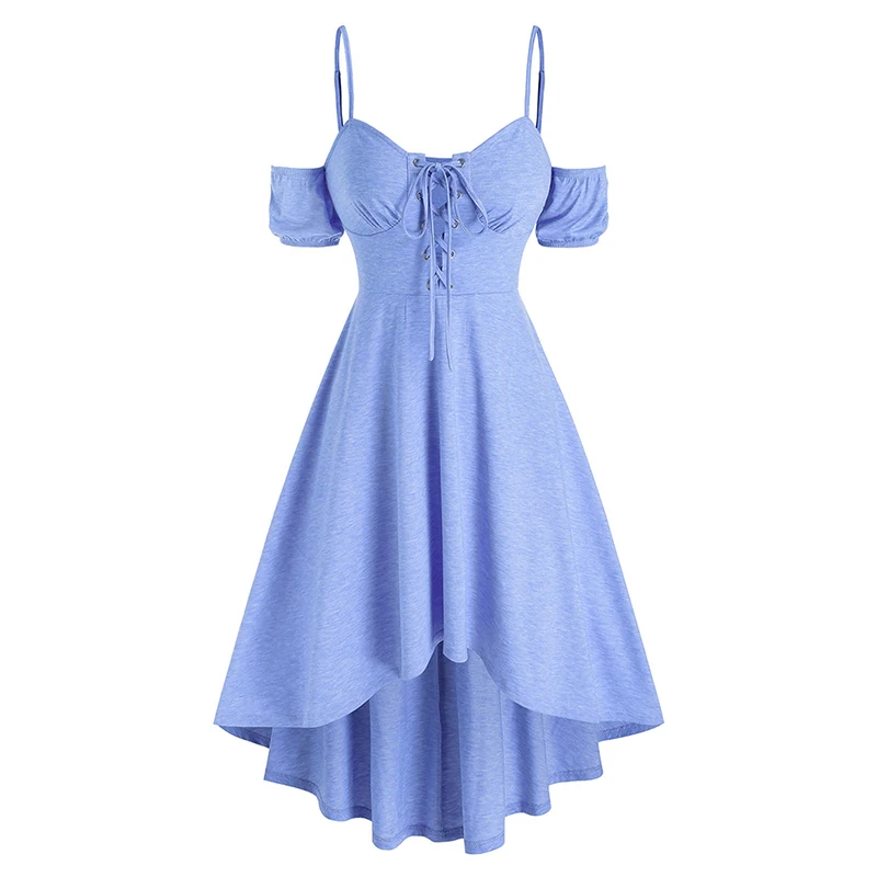 

Summer Dresses for Women 2024 Cold Shoulder Lace-up Heathered High Low Dress A Line Midi Dress