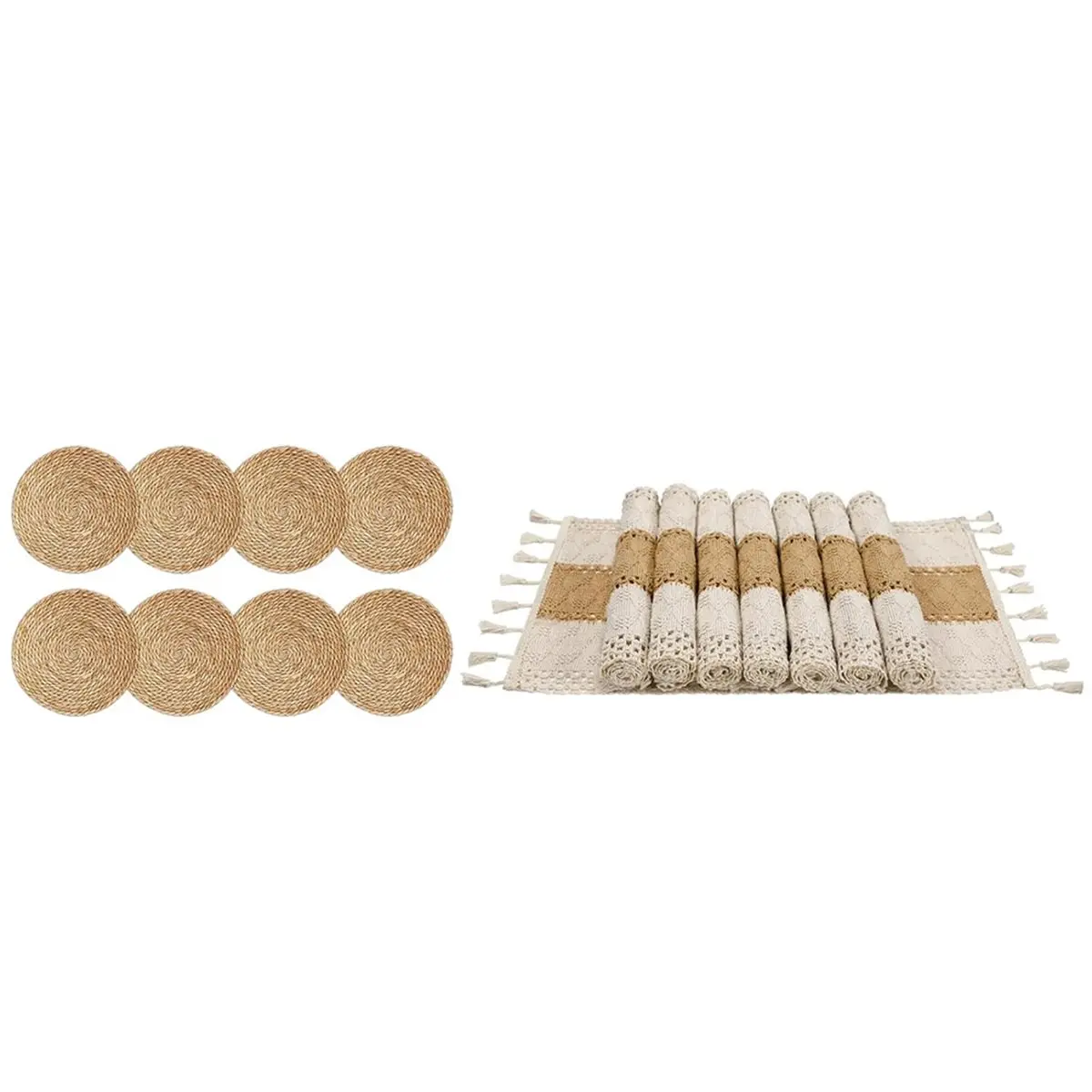 8sets Straw Meal Mat, Round and Rectangular Mats, Bohemian Style Decoration for Rural Farmhouse, Kitchen Heat-