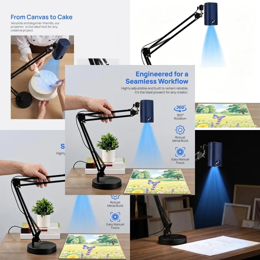 Durable Art Tracing Projector with Sturdy Metal Swing Arm Stand, Sharp Clear Trace Drawing Tool for Sketch, Wall Mural, Cake De