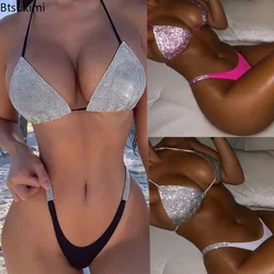 2026 Women's Sexy Bikini Set Luxury Bling Rhinestone Sliver Crystal Diamond Swimsuit Halter Push Up Bandage Swimwear Bikini Set