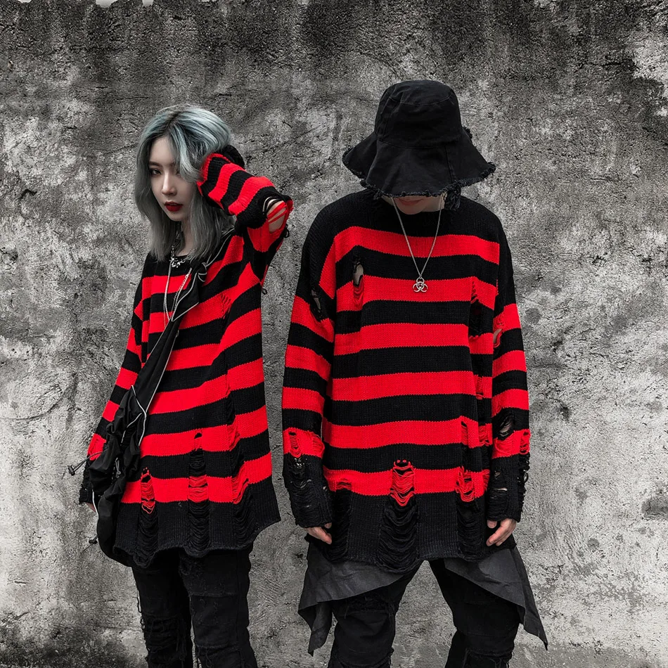 High Street Retro Punk Red and Black Stripes Autumn Sweater Men Loose Ripped Hole Tassel Pullover Round Neck Casual Clothes