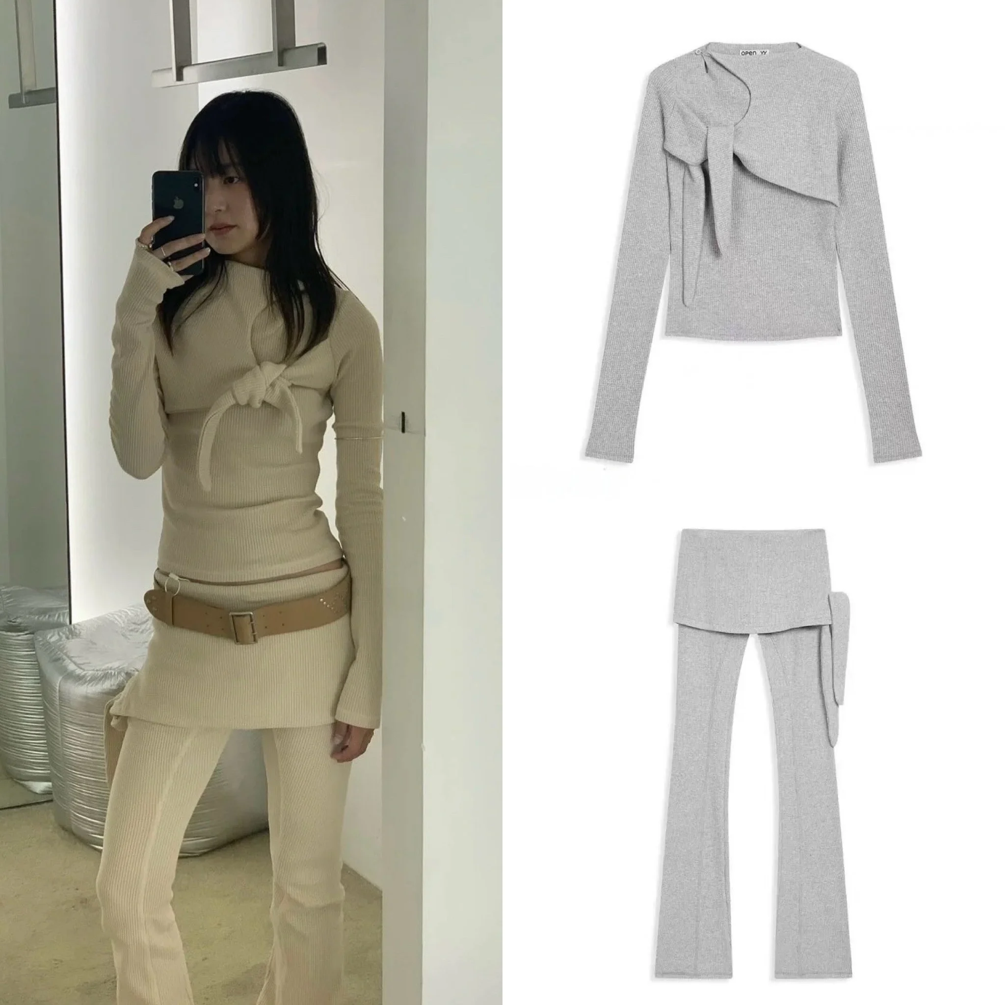 

Футболка Slim Fit Long Sve round Ne с поясом и брюками, модный комплект из двух предметов, хлопковый материал для женщин