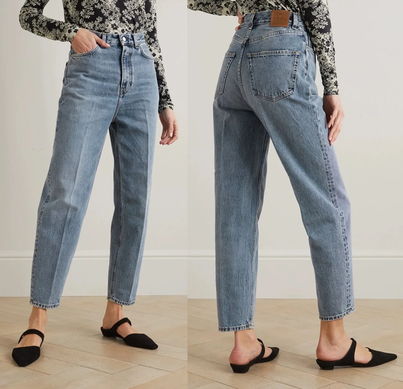 Women denim pants High waisted light blue tapered cropped jeans