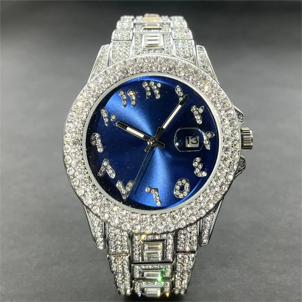 

Hot Sell MISSFOX Iced Out Watches Men Fashion Sliver Blue Quartz Clock Man Hip Hop Diamond Bling Jewelry WristWatch Dropshipping