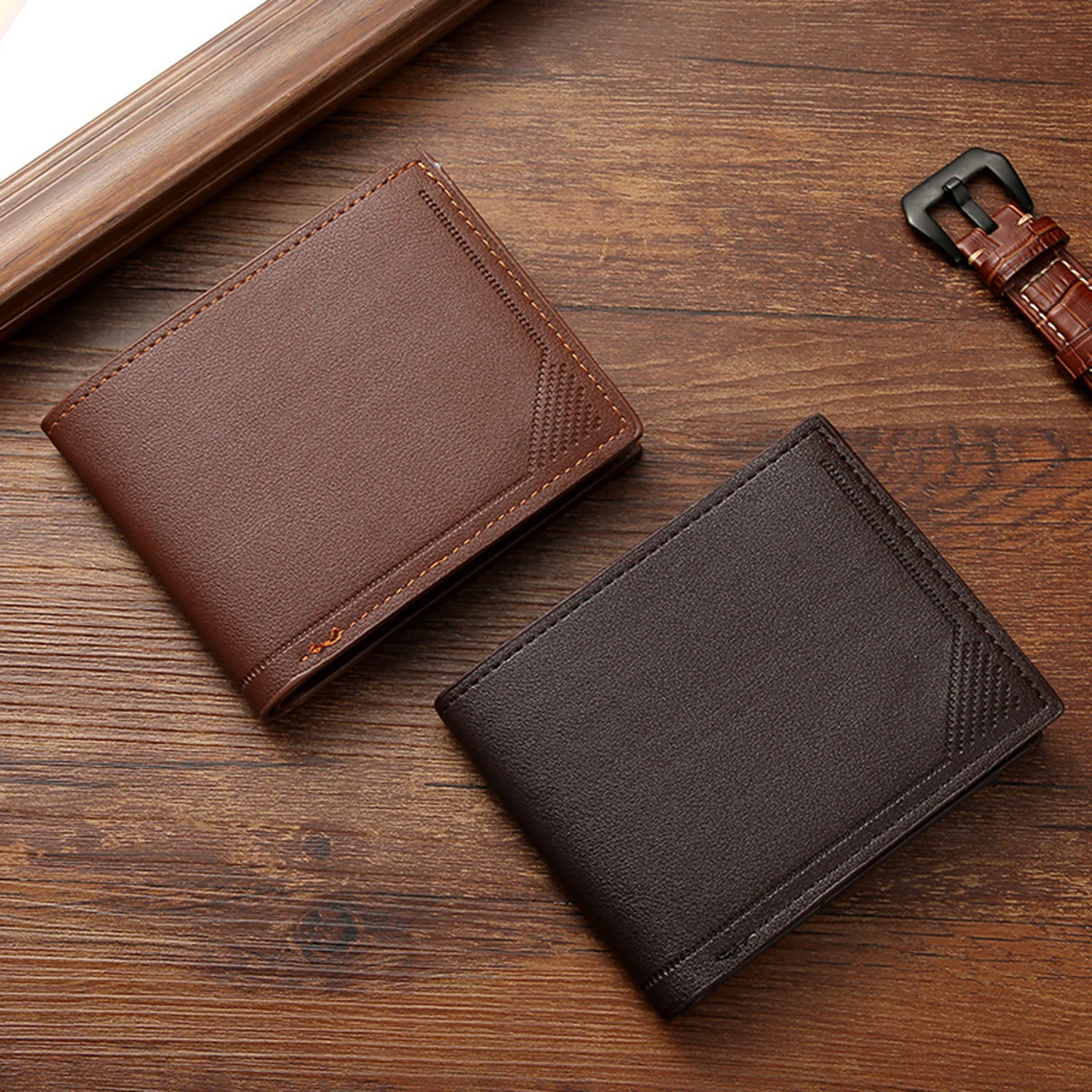 محفظة رفيعة للرجال بتصميم أفقي قصير، حامل بطاقات رفيع من جلد البولي يوريثان مع فتحة متعددة، حامل أموال عمل للرجال فكرة هدية #4