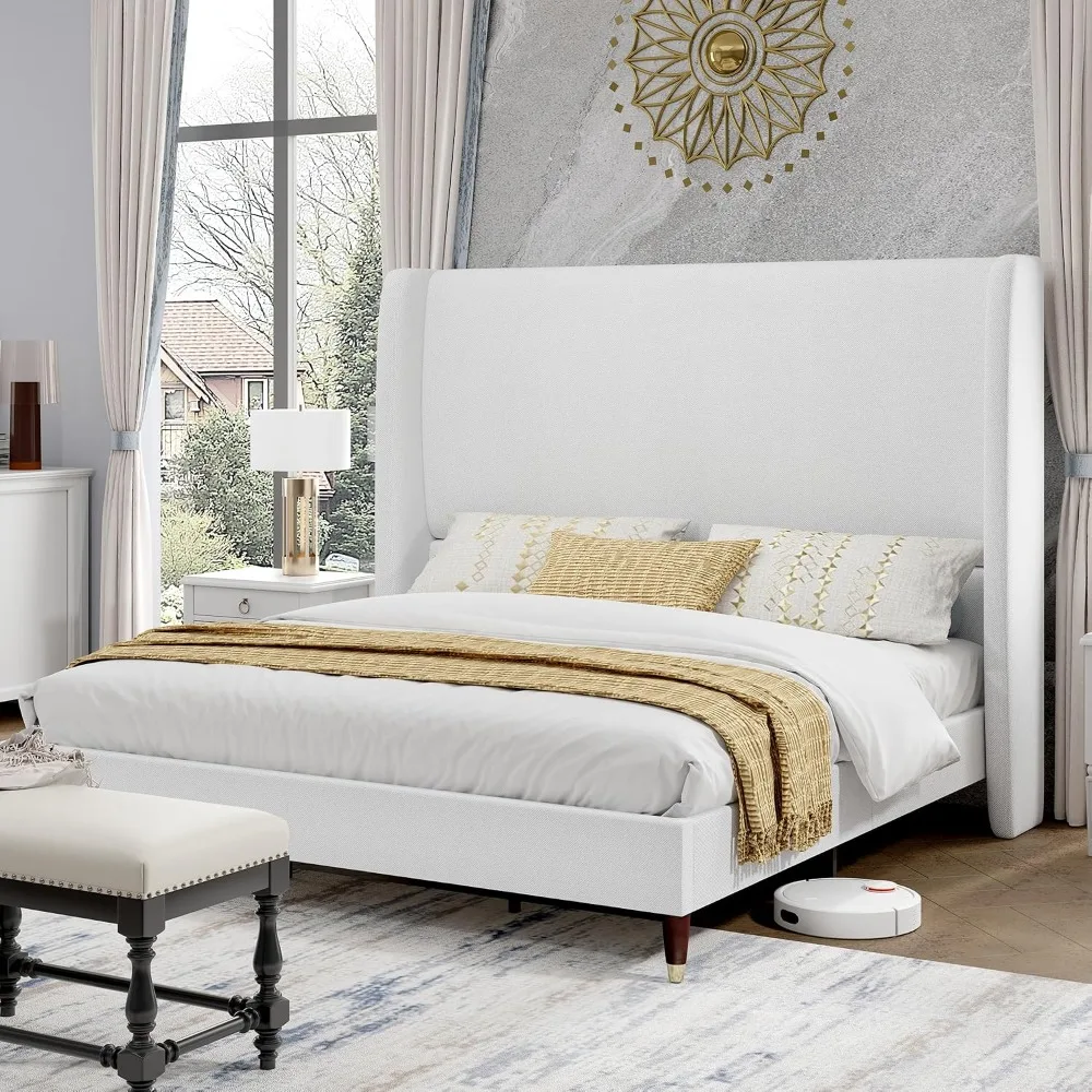 King Size Bed Frame Tall Wingback Headboard Upholstered Bed, White