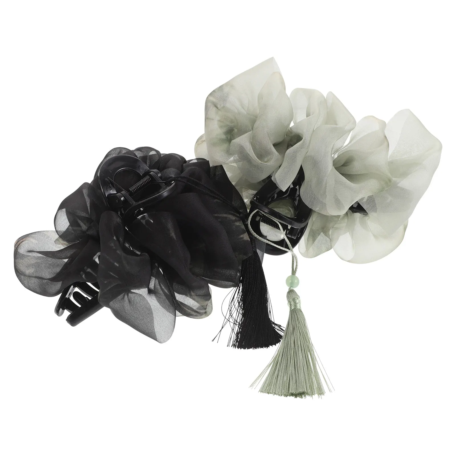 

2Pcs Tassel Mesh Claw Hair Clips Chinese Style Shark Pins for Girls Green Black Lightweight Stable Travel Party