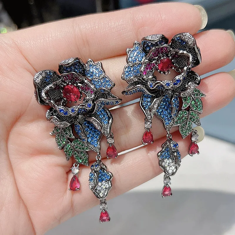 Bilincolor Micro Inlaid Zircon Peony Earrings For Women