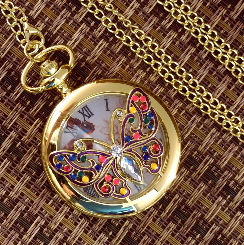 Gold Butterfly Crystal Diamond-encrusted Quartz Pocket Watch for Women, Retro Fob Chain Clock, Charm Pendant Chain, Top Luxury