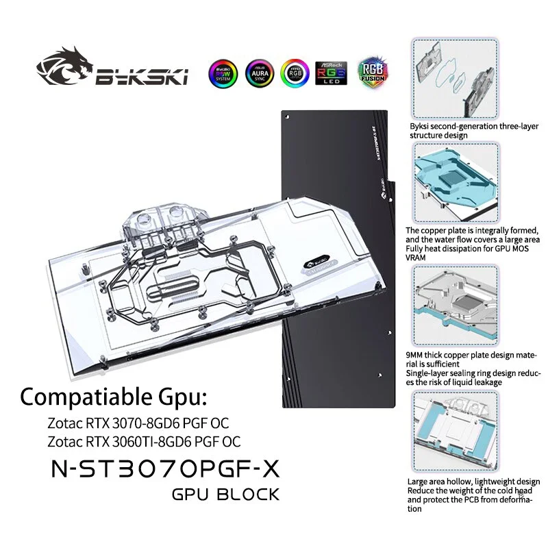 Bykski-zotac rtx 3070、3060ti、8gd6、pgf oc、vga銅ラジエーター用のGPU冷却ブロック、5v、12v、N-ST3070PGF-X