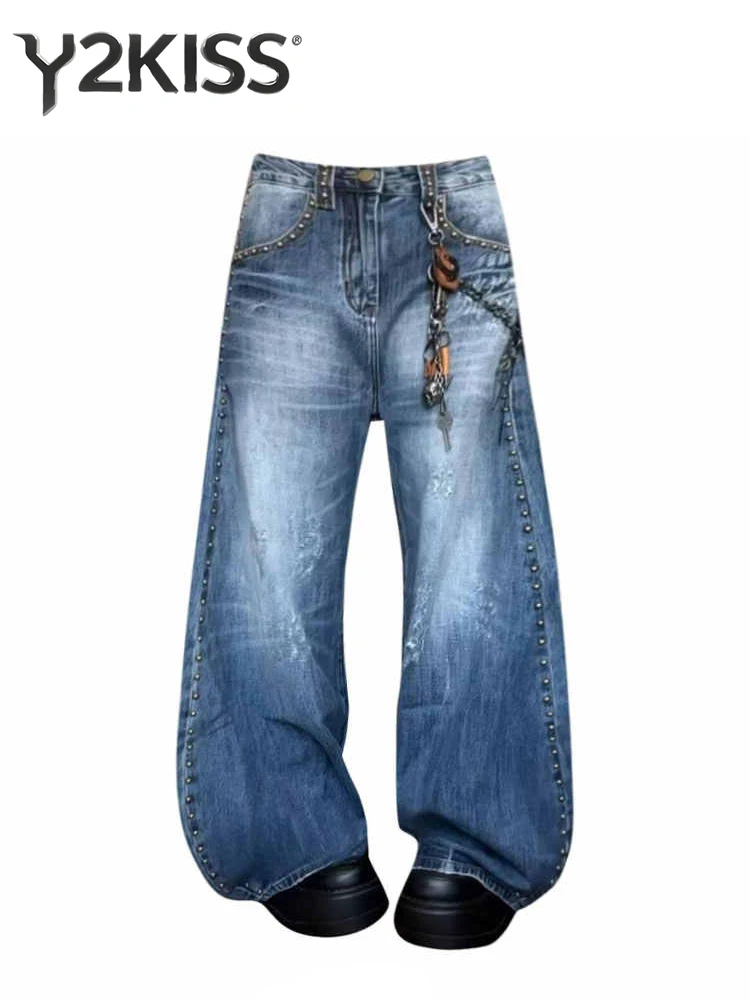 

Женские мешковатые широкие джинсы, синие джинсовые брюки 2000-х годов, американский ретро-хип-поп, High Street Y2K, японский Harajuku, ковбойский гранж Tide