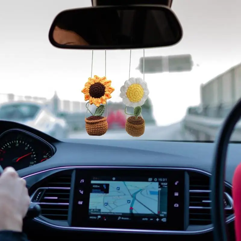 Rear Mirror Accessories Hanger Sunflower Pot Handmade Crochet Car Ornament Wool Cute Potted Plant Design Pendant Not Block The