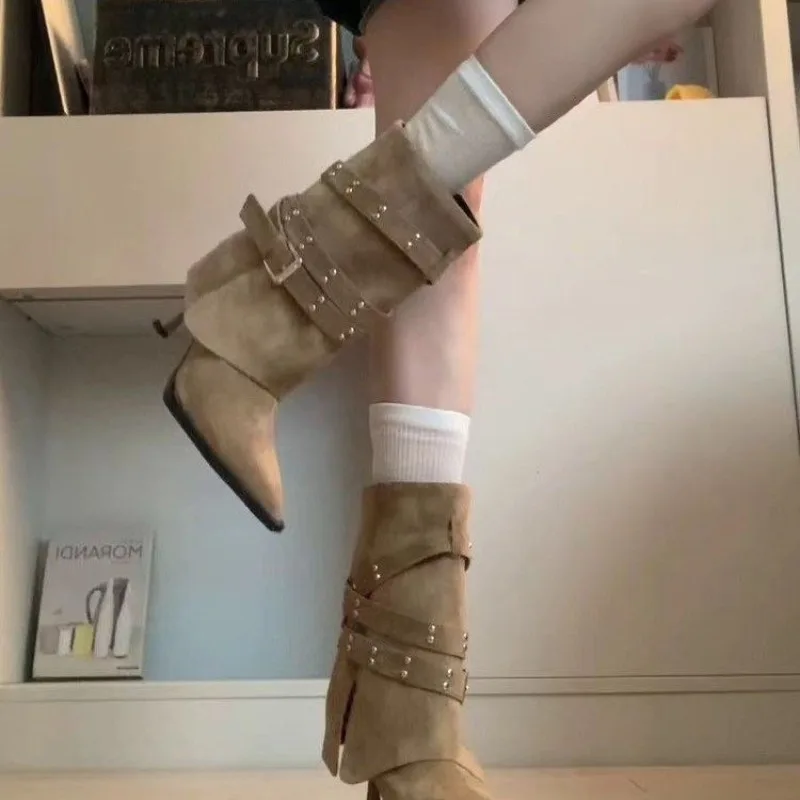 ウィローネイル-ライトラグジュアリー-バックルブーティ-レディース-レトロ-スキニー-多用途-トラウザーズ-レイブブーツ-スティレットヒール