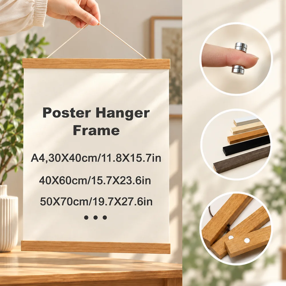 Solid Wood Magnetic Poster Hanger Wooden Photos Frame Hanger Light-Weight Pine Teak Wood Scroll Hanger for Print Paintings Decor