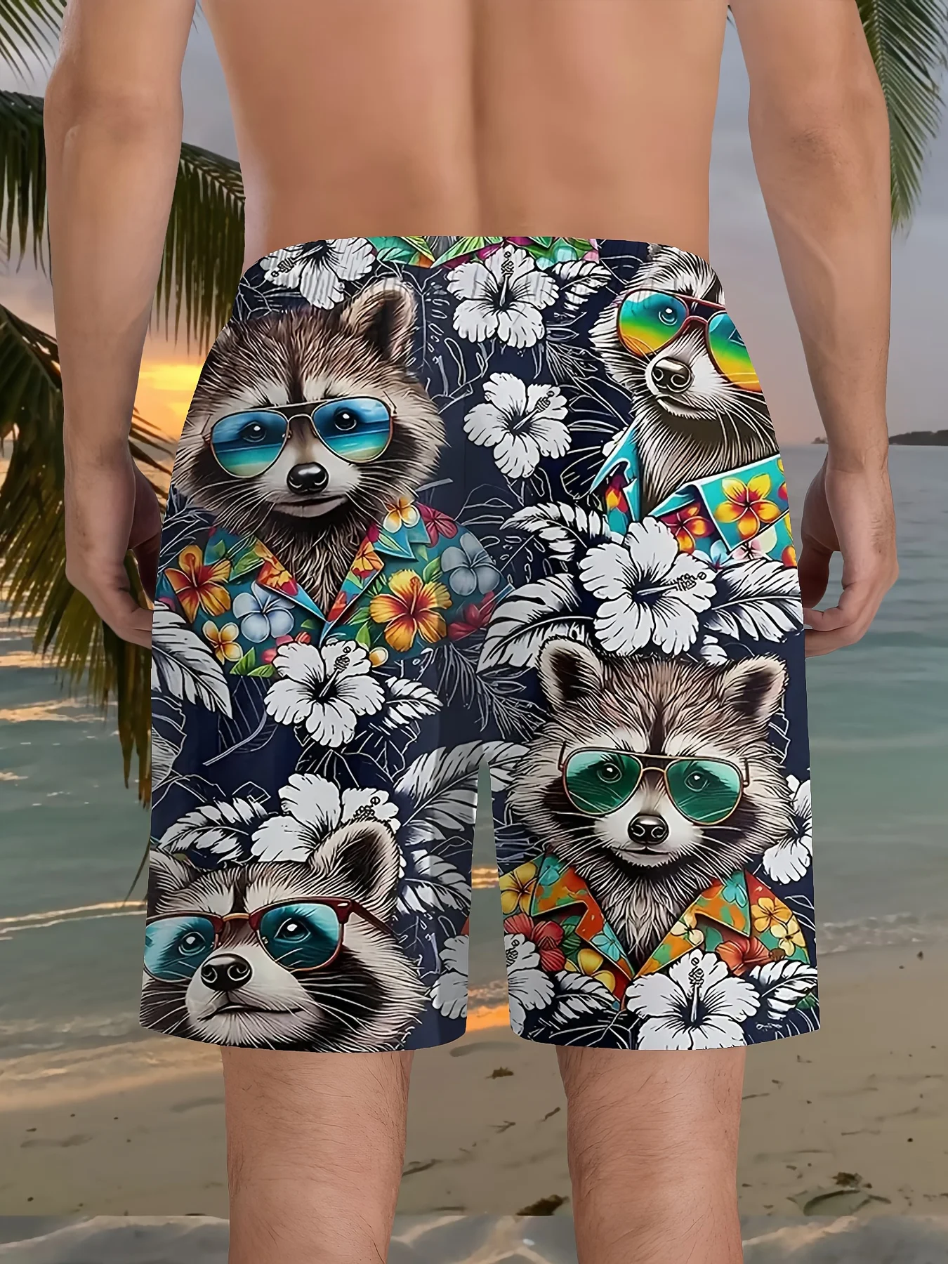 Mens Cool Raccoon Floral Print Quick Dry Board Shorts Elastic Drawstring Swim Trunks Summer Beach Casual Outfit