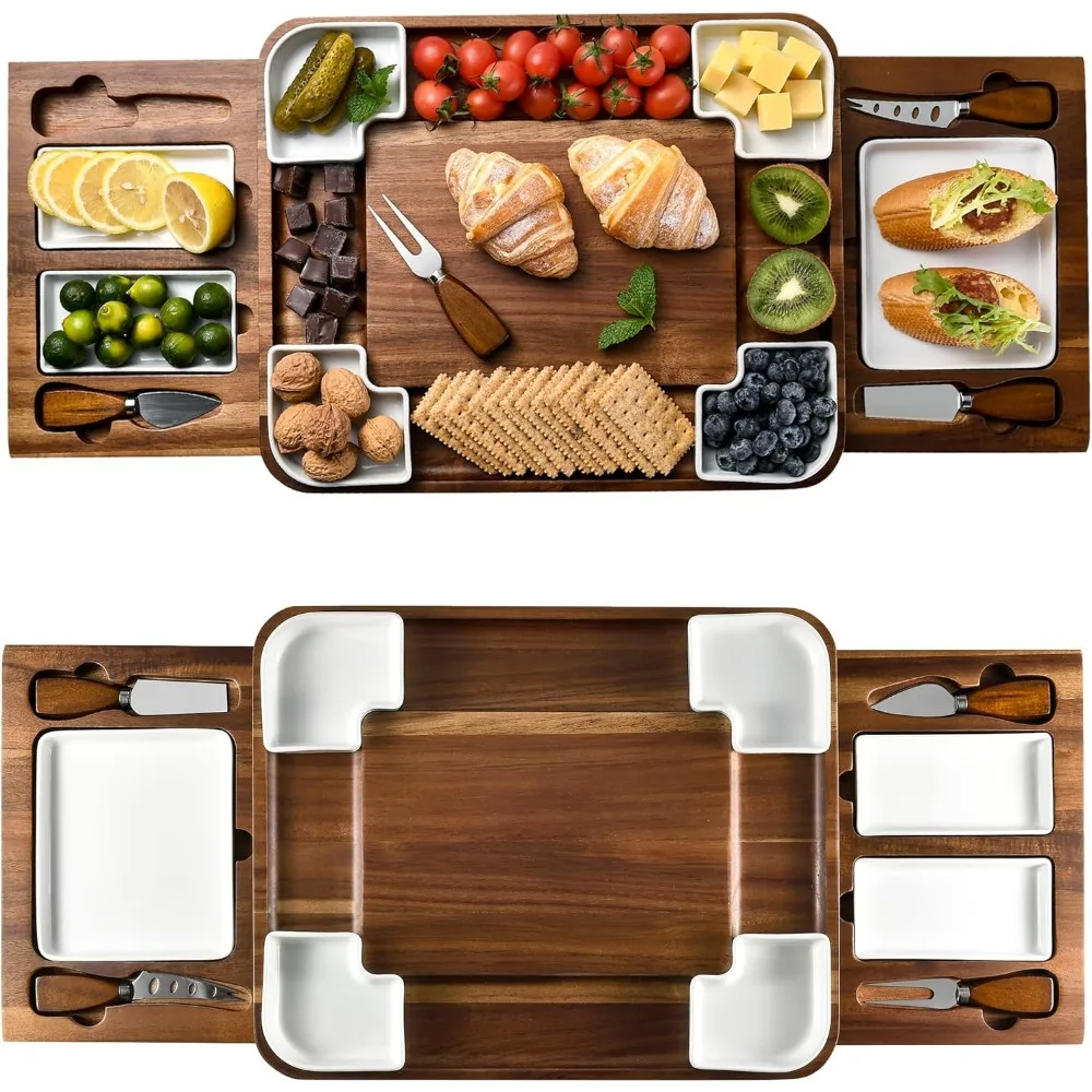 

Elegant Acacia Wood Cheese Board Set, Square Charcuterie Platter with Handcrafted Stainless Steel Tools