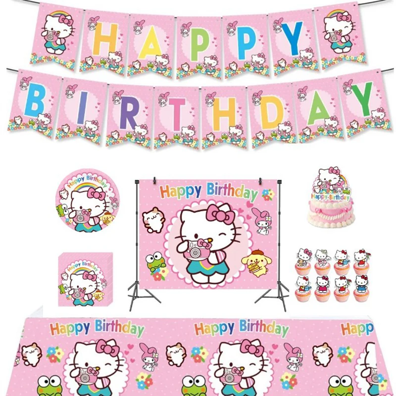 Hello Kitty Theme Girls Birthday Party Disposable Tableware Paper Cup Plate Balloon Kids Favors KT Balloon Party Decor Supplies