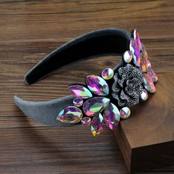 Big Gray Flower AB Crystal Baroque Hairband Sparkly Rhinestone Wide Headband For Women Punk Hair Jewelry