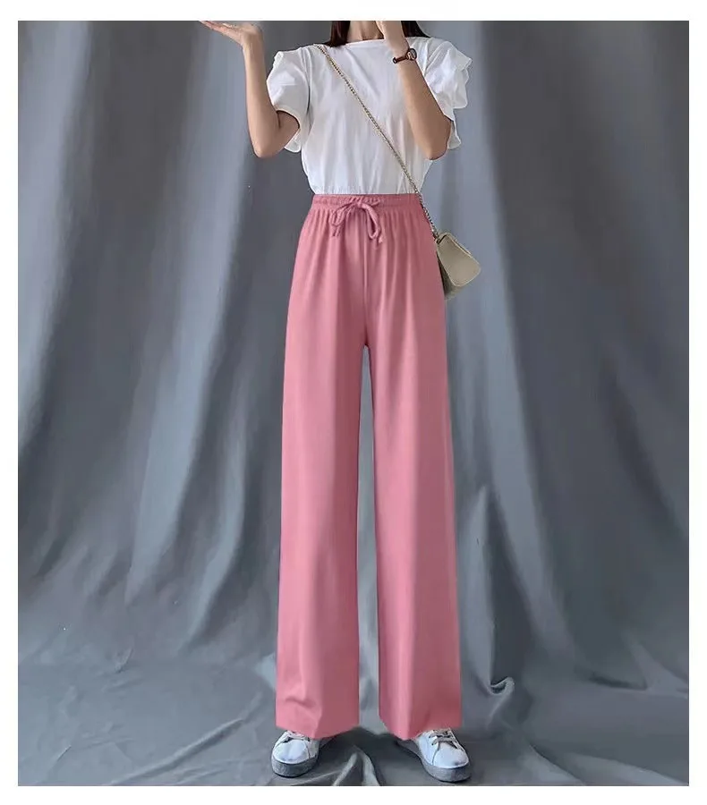 

Summer women's version of drape loose all-match high-waisted elastic thin straight-leg pants 2022 ice silk wide-leg pants women'