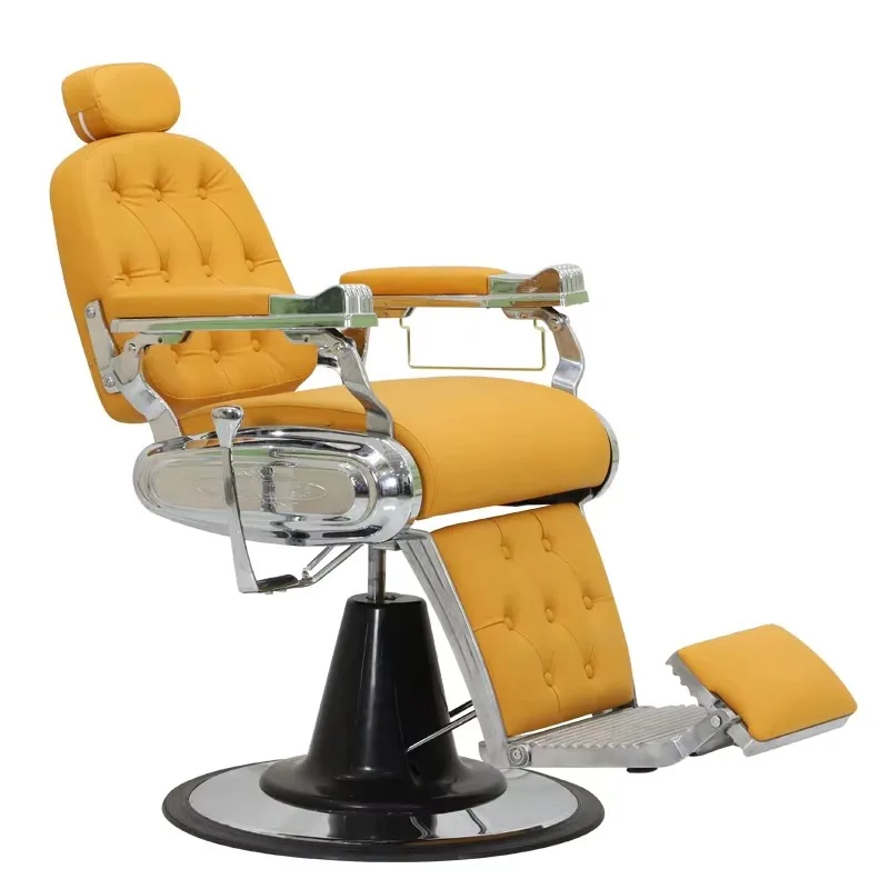 

Silver Aluminum Alloy Yellow PU Leather Retro Backrest Large Oil Pump Customizable Color Salon Barber Chair