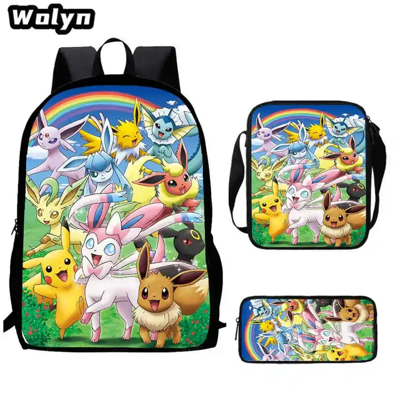 

3Pcs Set Cartoon P-POKE-M-MON School Backpack with Shoulder Bags Pencil Bags for Boys Girls,Anime School Bags for Kindergarten