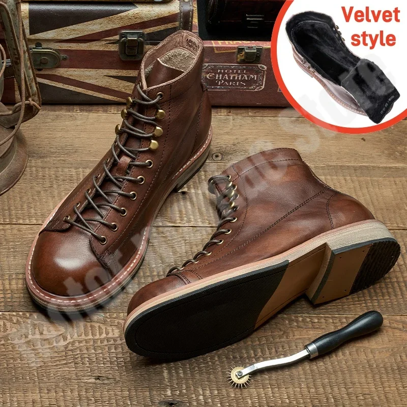 

British Retro Leather Motorcycle Riding Boots with Cowhide Upper Workwear Casual Shoes Winter Plush Warm Motorcycle Racing Boots