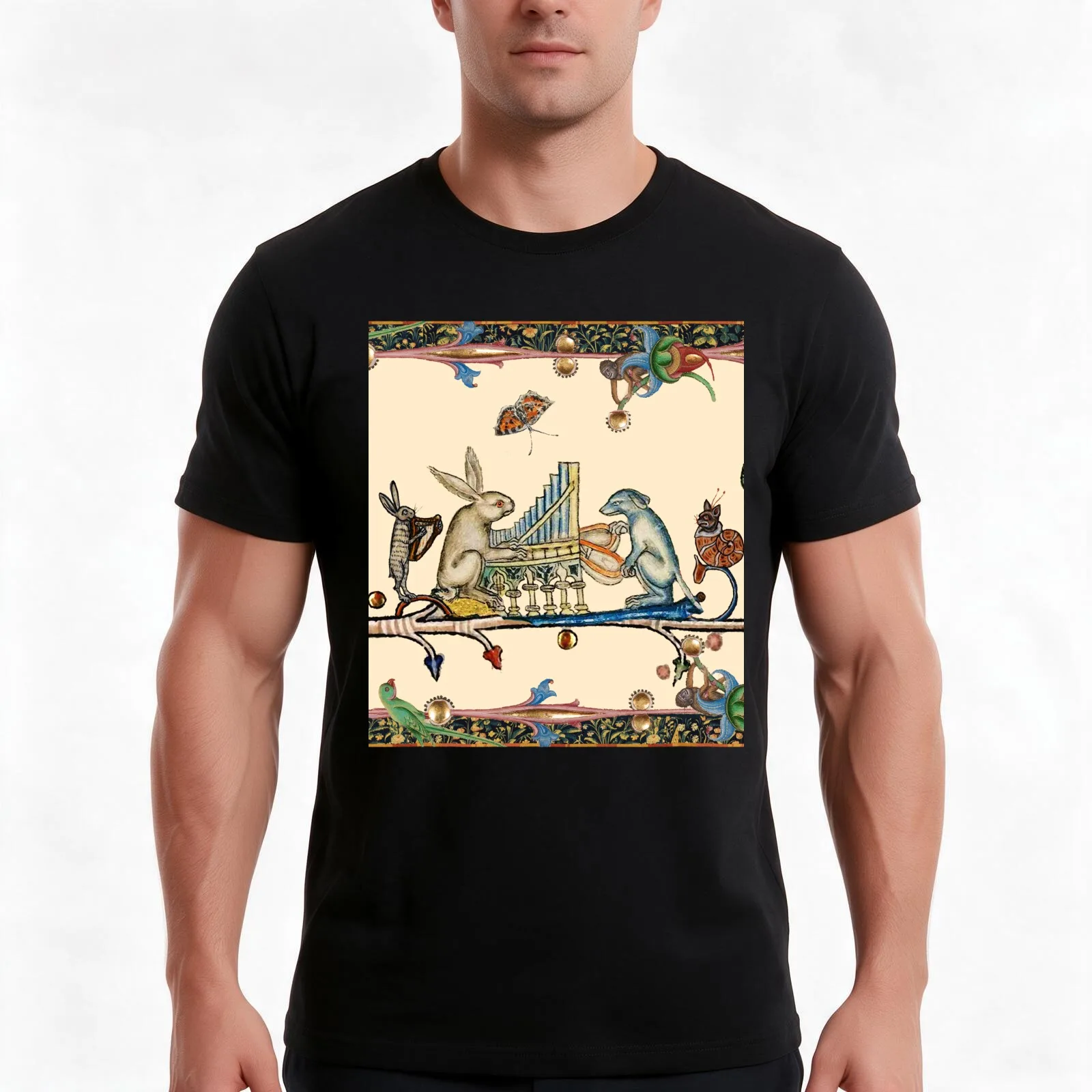WEIRD MEDIEVAL BESTIARY MAKING MUSIC,White Rabbit And Dog Playing Organ, Harpist Hare, Snail Cat T-Shirt, Vintage Graphic Print
