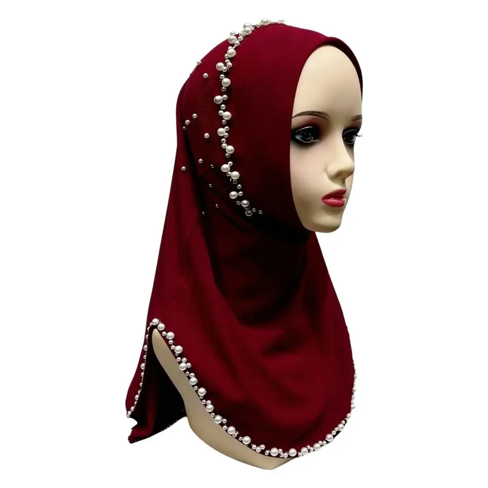 Pearl Beaded Trim Women Turban Cap Pull On Elastic Fit Beaded Hijab Scarf Easy Wear Soft Fabric Muslim Headscarf Muslim Women