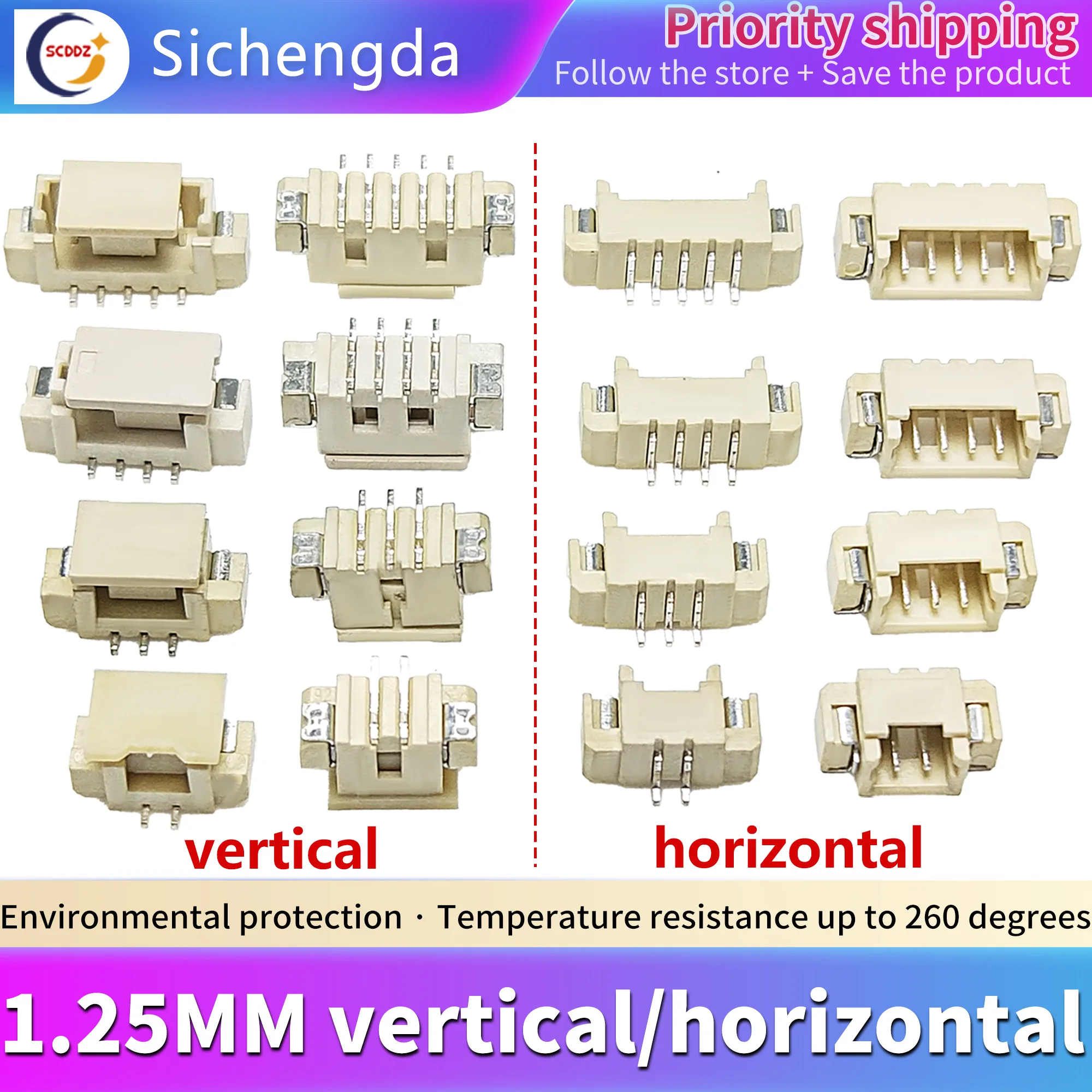 ZH1.25mm Pitch 2-16P Vertical/Horizontal  SMD Connector, Wire to Board Terminal Plug Female Socket, High Temperature Resistant
