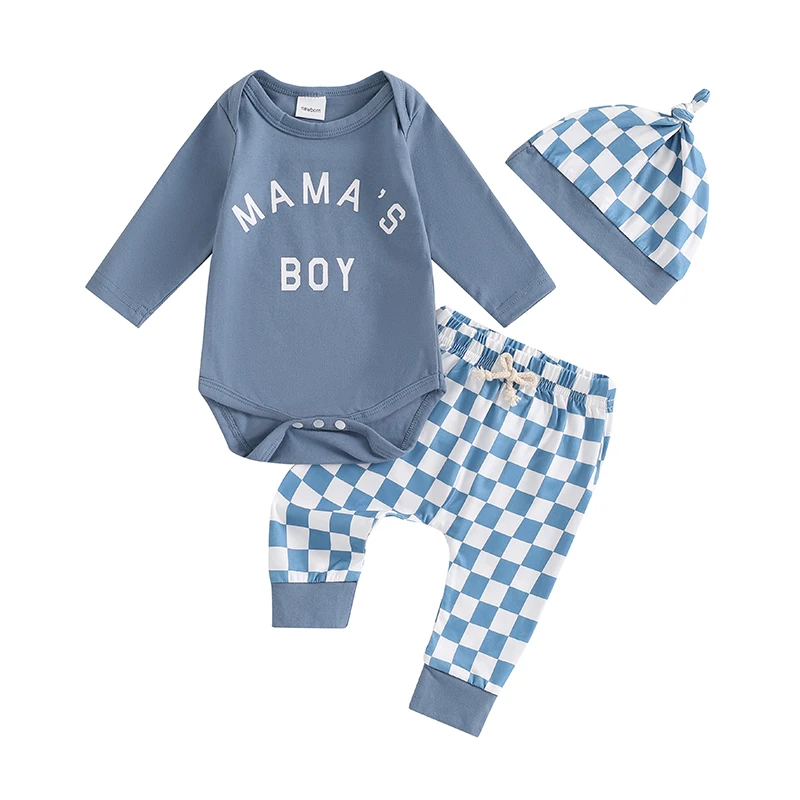 

Baby Boys Fall Outfits Letter Print Crew Neck Long Sleeve Rompers Checkerboard Print Long Pants Hat 3Pcs Clothes Set