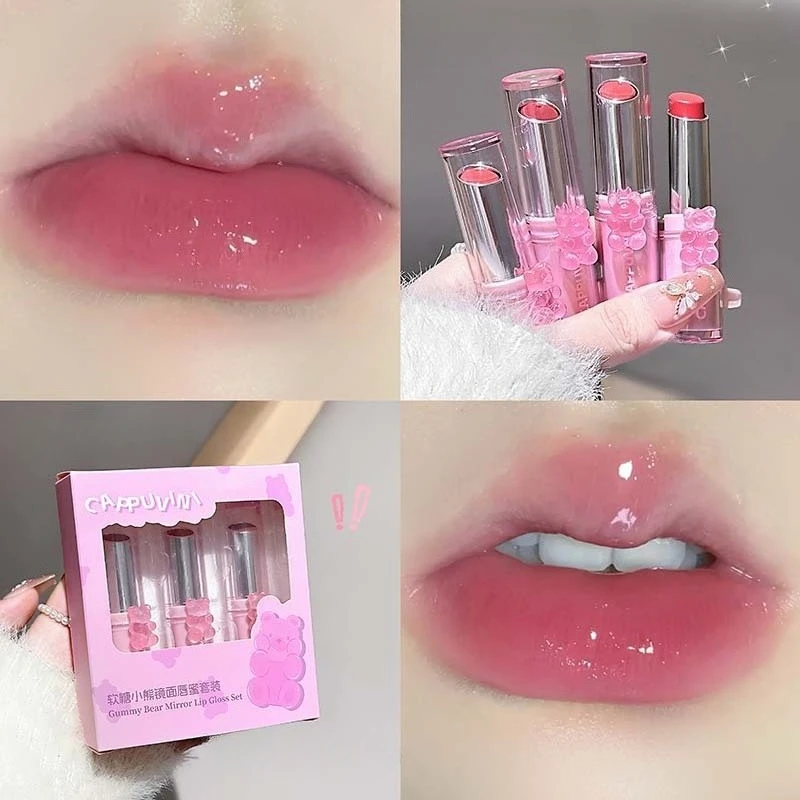 Lip Gloss Mirror Water Glow Gummy Bear Design Brightening Red Brown Moisturizing Lip Makeup   for Youthful No Makeup Look