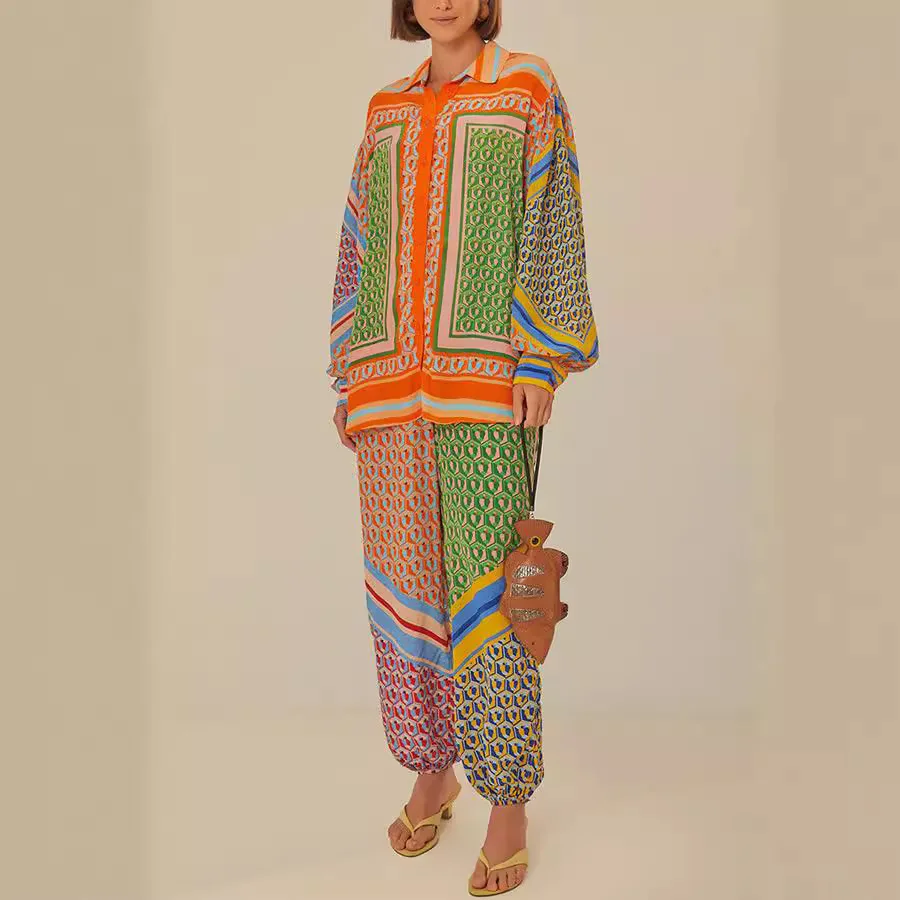 Spring Summer Printed Two Piece Set 2026 Fashion Casual Vacation Button Long Short Skirt And High Waist Wide Leg Pants 2 Piece