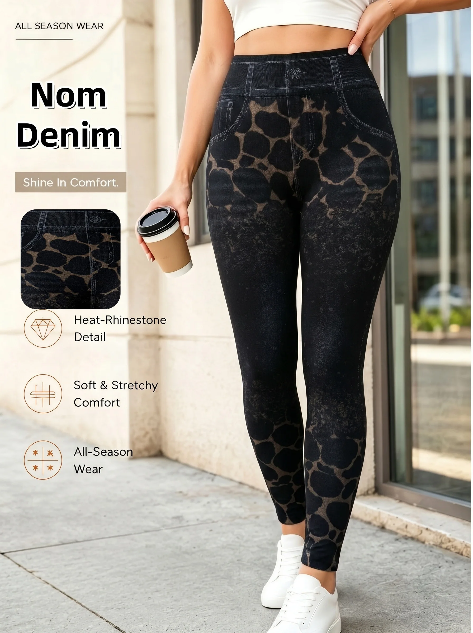 Women's Black Vintage Leopard Print Faux Denim Ankle Leggings Edgy High Stretch Trousers for Dates Vacations Street Wear