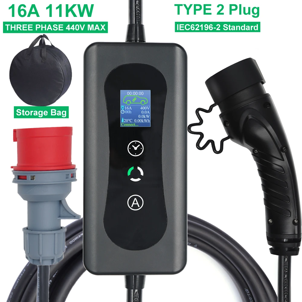 

EV Charger Type 2 11KW 3 Phase 16A for IEC62196-2 Mennekes Electric Vehicle Level 2 Portable Wallbox Fast Car Charging 5M Cord