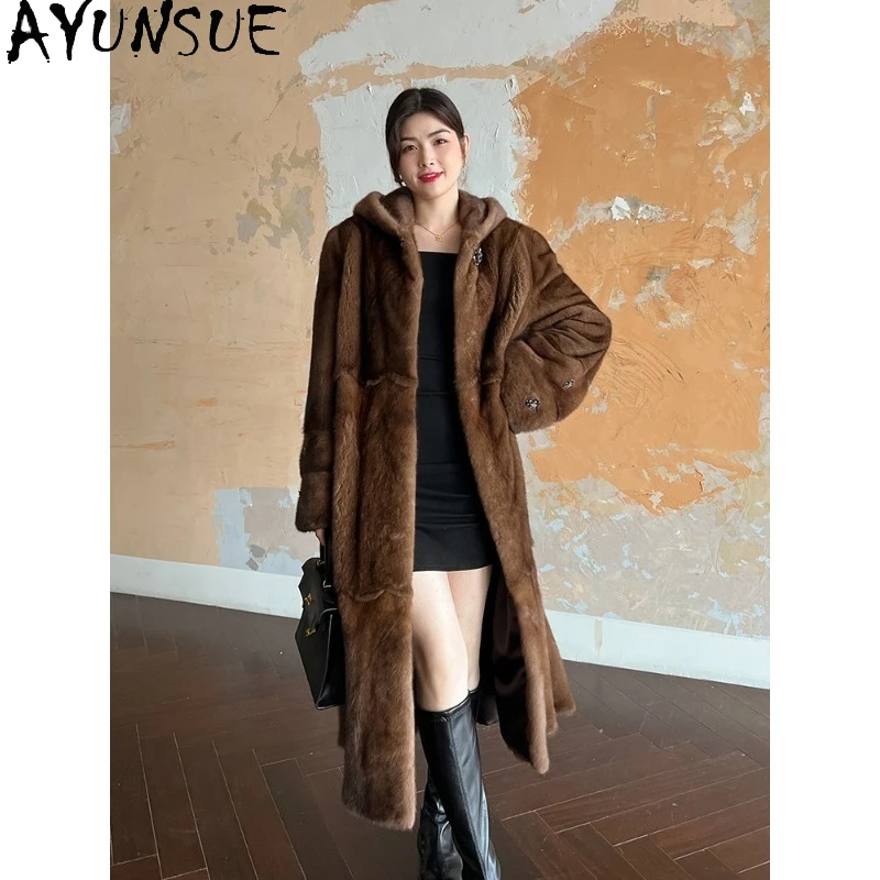معطف فرو المنك من AYUNSUE ملابس نسائية طويلة معاطف شتوية للمرأة ملابس عصرية فاخرة عالية الجودة للمرأة Pelzmantel Damen